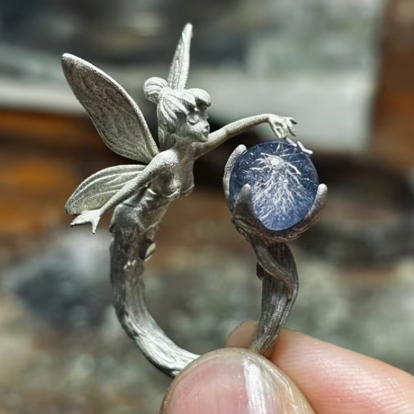 Boutique Jewelry - Silver Fairy Ring with Aquamarine-Blue Orb